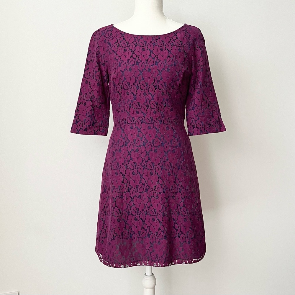 ABS Allen Schwartz Lace Dress Size 6 Purple Length Elegant Classic Old Money